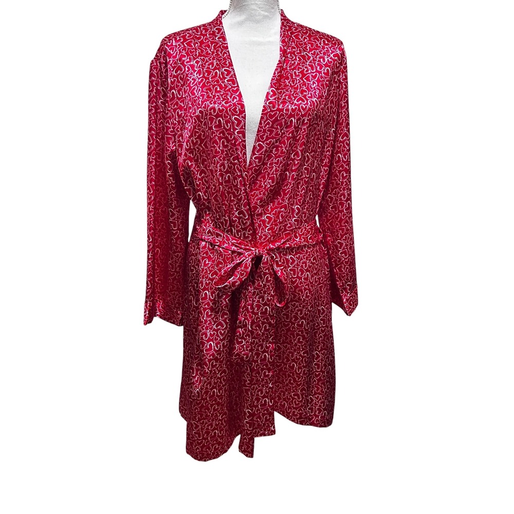Morgan‎ Taylor Intimates Belted Robe L Red Hearts Satin Lightweight Loungewear